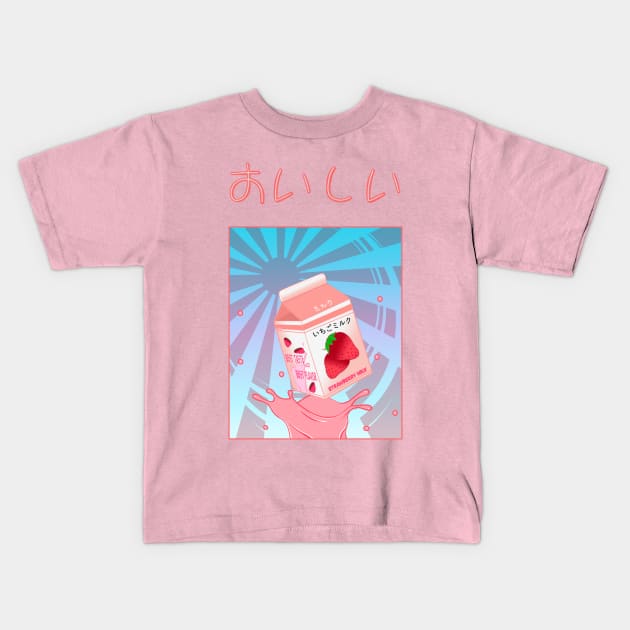 Kawaii Strawberry Milk Rising Sun Decora Kids T-Shirt by Zabren's Art